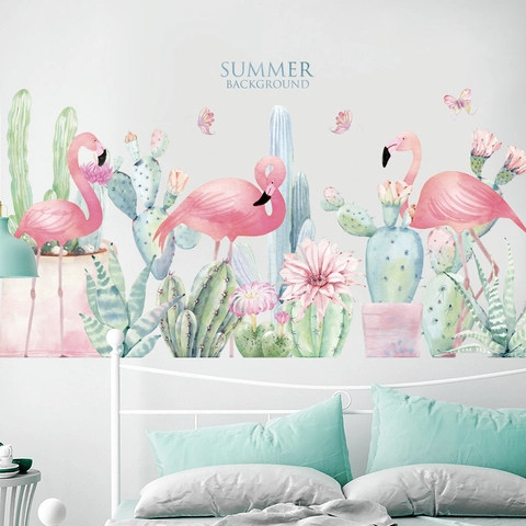 Adesivi Murali Nordici ad Acquerello Con Fenicottero e Cactus PVC Autoadesivo Piante Tropicali Fiori Farfalle Decorazione per Soggiorno