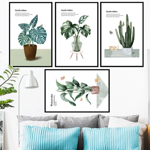 Pegatina de Pared de Plantas Verdes en Maceta de Acuarela Estilo Nórdico PVC Autoadhesiva Removible Mural Decoración