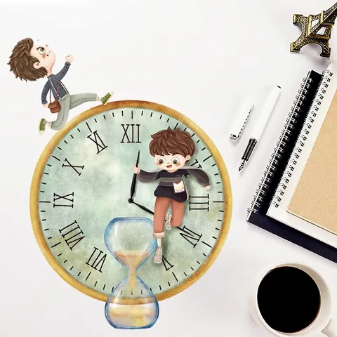 Adhesivo de Pared Motivacional Creativo de Dibujos Animados Reloj Números Romanos Reloj de Arena de PVC para Oficina Escuela