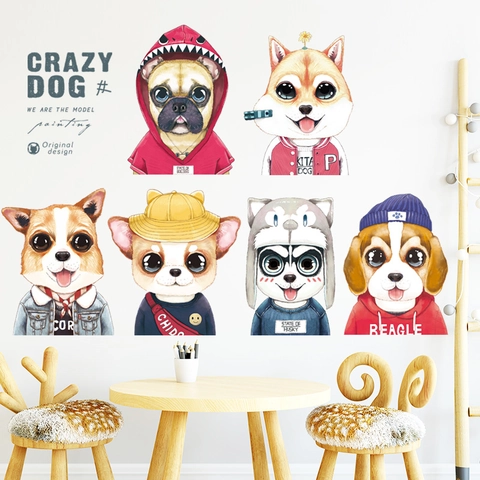 Pegatinas de Pared de Perro Personificadas de Dibujos Animados PVC Impermeable Calcomanías para Habitación Infantil Estilo Callejero