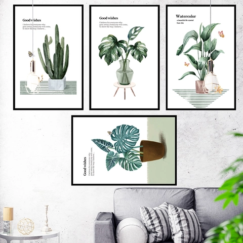 Pegatina de Pared de Plantas Verdes en Maceta de Acuarela Estilo Nórdico PVC Autoadhesiva Removible Mural Decoración