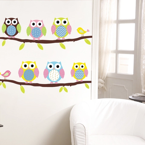 Cartoon Owl Bird Tree Branch Wall Sticker PVC Waterproof Removable DIY Wall Decal For Kids Room Nursery Bedroom Home Decor