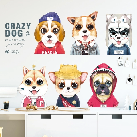 Pegatinas de Pared de Perro Personificadas de Dibujos Animados PVC Impermeable Calcomanías para Habitación Infantil Estilo Callejero