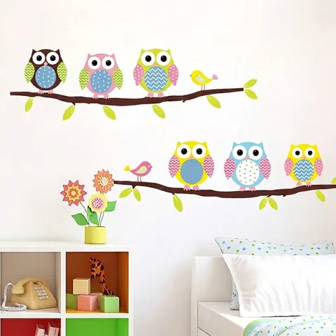 Cartoon Owl Bird Tree Branch Wall Sticker PVC Waterproof Removable DIY Wall Decal For Kids Room Nursery Bedroom Home Decor