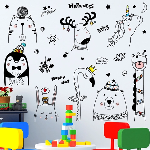 Nordic Cartoon Animale PVC Adesivi da Parete Rimovibile Disegnato a Mano Cervo Orso Unicorno Nursery DIY Decalcomanie
