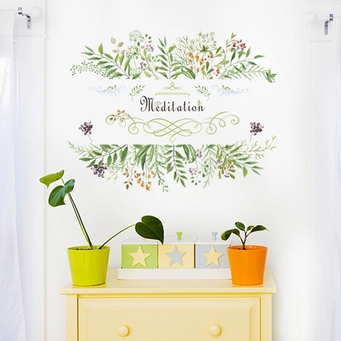 Meditation Green Leaf Wall Sticker Fresh Plant Vine PVC Waterproof Self-Adhesive Wall Decal For Living Room Bedroom Decor