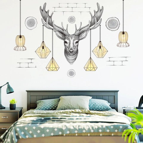 Adesivo da Parete Nordico con Testa di Cervo e Lampada a Sospensione in PVC Autoadesivo per Decorazione Soggiorno Camera da Letto
