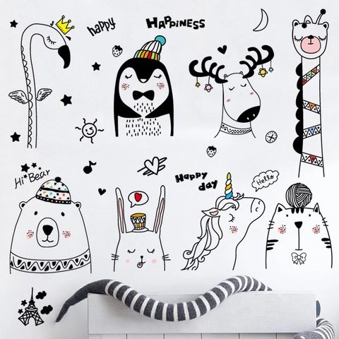 Nordic Cartoon Animale PVC Adesivi da Parete Rimovibile Disegnato a Mano Cervo Orso Unicorno Nursery DIY Decalcomanie
