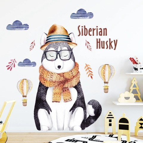 Cartoon Sibirischer Husky Aquarell Wandtattoo Für Schlafzimmer Wohnheim Dekor Kreativer Hund Heißluftballon Wolken Wasserdichtes PVC Wandtattoo