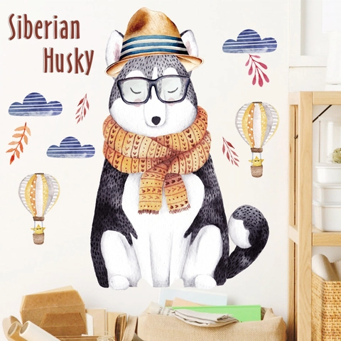 Cartoon Sibirischer Husky Aquarell Wandtattoo Für Schlafzimmer Wohnheim Dekor Kreativer Hund Heißluftballon Wolken Wasserdichtes PVC Wandtattoo