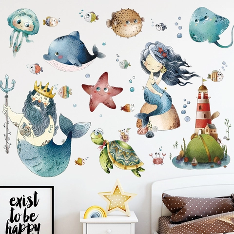 Zeemeermin Neptunus Oceaan Dieren Muurstickers Waterdicht PVC Cartoon Aquarell Muurstickers Voor Kinderkamer Slaapkamer DIY Huis Decoratie