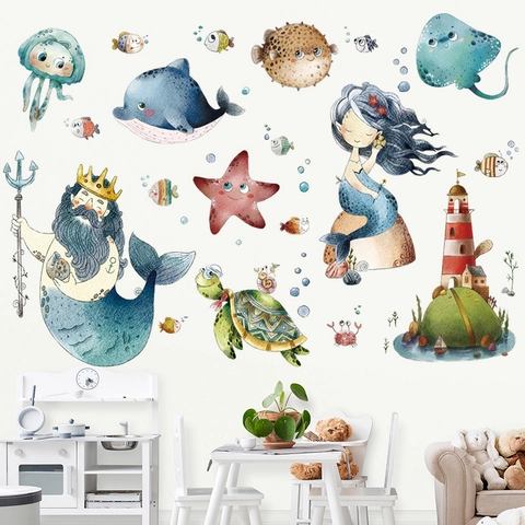 Zeemeermin Neptunus Oceaan Dieren Muurstickers Waterdicht PVC Cartoon Aquarell Muurstickers Voor Kinderkamer Slaapkamer DIY Huis Decoratie