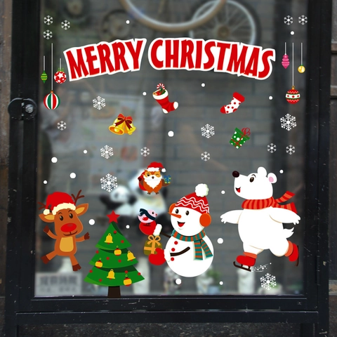 Pegatinas de Pared de PVC de Feliz Navidad Reno Muñeco de Nieve de Dibujos Animados Calcomanías de Ventana Decoración