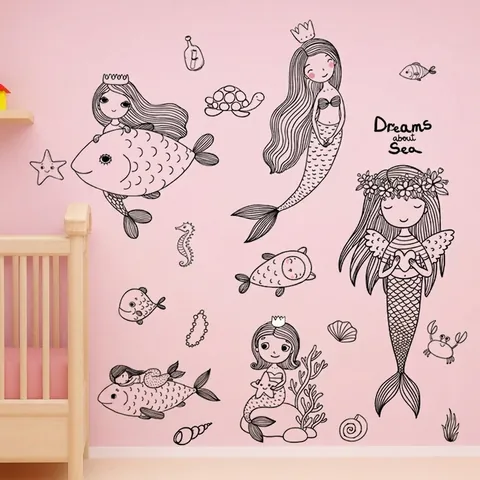 Handgetekende Zeemeermin Wandsticker Voor Kinderkamer Badkamer PVC Oceaan Zeewezen Vis Sticker Verwijderbaar Waterdicht Decor