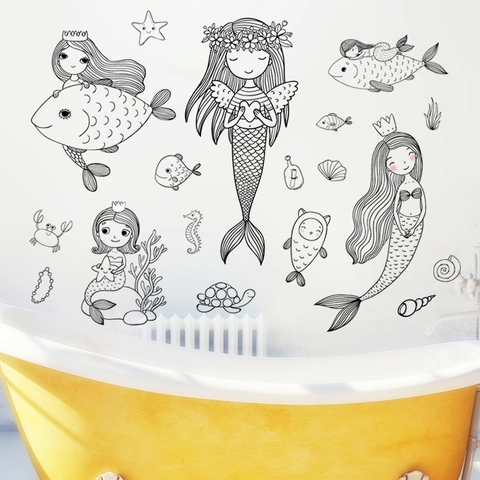 Handgetekende Zeemeermin Wandsticker Voor Kinderkamer Badkamer PVC Oceaan Zeewezen Vis Sticker Verwijderbaar Waterdicht Decor