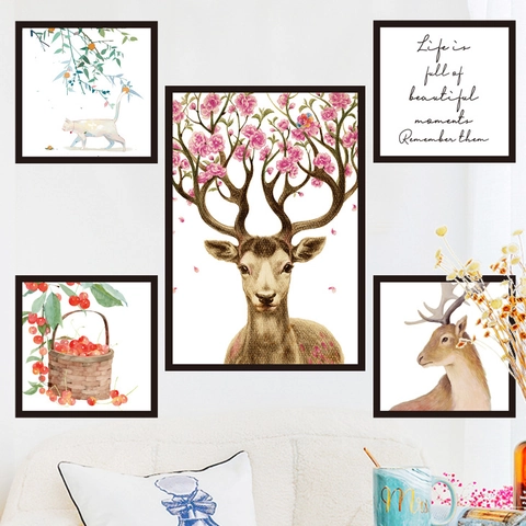 Adhesivos de Pared de PVC Estilo Nórdico Flor Alce Ciervo Gato Acuarela Calcomanía Decorativa para Sala de Estar Dormitorio Mural