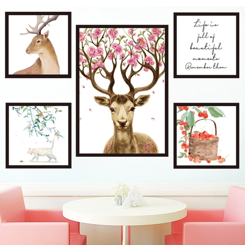 Adhesivos de Pared de PVC Estilo Nórdico Flor Alce Ciervo Gato Acuarela Calcomanía Decorativa para Sala de Estar Dormitorio Mural