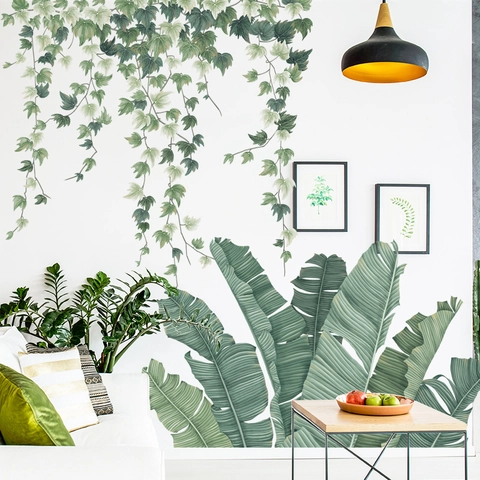 Nordischer Stil Tropisch Grün Bananenblatt Ranke Wandtattoo PVC Wasserdicht Dekorativ Hintergrund Aufkleber Für Wohnzimmer Schlafzimmer
