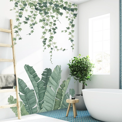 Nordischer Stil Tropisch Grün Bananenblatt Ranke Wandtattoo PVC Wasserdicht Dekorativ Hintergrund Aufkleber Für Wohnzimmer Schlafzimmer
