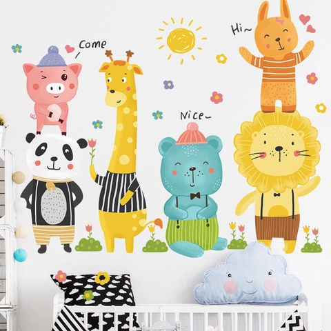 Cartoon Tiere Wandaufkleber Für Kinderzimmer Kindergarten Deko Wasserdicht PVC Abnehmbar Giraffe Löwe Panda Bär DIY Wandtattoos
