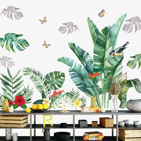 Nordic Tropical Rainforest Green Plant Leaves Wall Stickers Waterproof PVC Monstera Banana Leaf Wall Decal For Living Room Home Decor