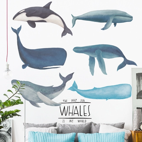 Adesivo da Parete Balena Oceano Acquerello PVC Impermeabile Balena Blu Orca per Camera dei Bambini Bagno Camera da Letto
