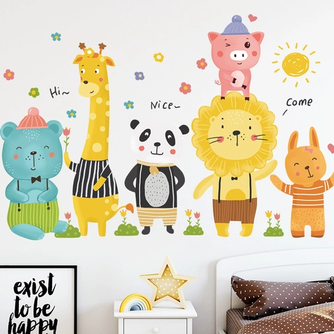 Cartoon Tiere Wandaufkleber Für Kinderzimmer Kindergarten Deko Wasserdicht PVC Abnehmbar Giraffe Löwe Panda Bär DIY Wandtattoos