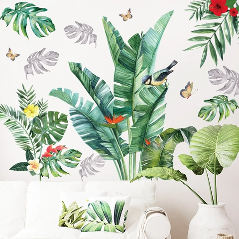 Nordic Tropical Rainforest Green Plant Leaves Wall Stickers Waterproof PVC Monstera Banana Leaf Wall Decal For Living Room Home Decor