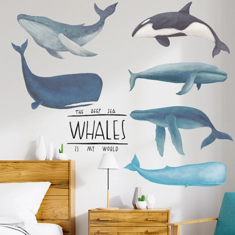 Adesivo da Parete Balena Oceano Acquerello PVC Impermeabile Balena Blu Orca per Camera dei Bambini Bagno Camera da Letto