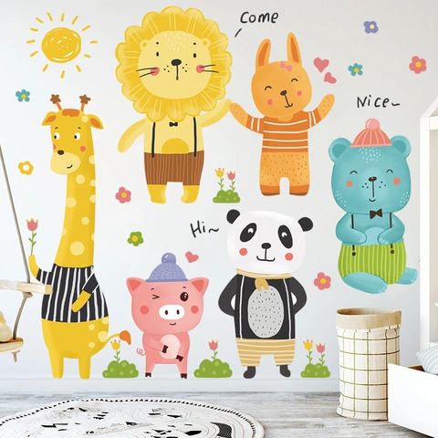 Cute Cartoon Animal Wall Stickers For Kids Room Bedroom PVC Waterproof Removable DIY Giraffe Lion Panda Decal Home Decor