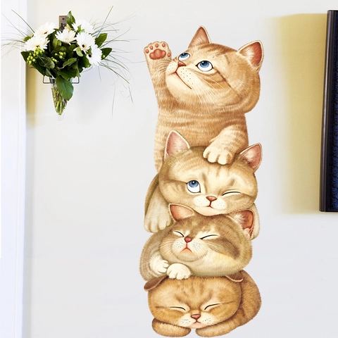Cute Orange Tabby Cat Cartoon Wall Sticker Vertical Stacking Animals DIY Removable Waterproof PVC Decal For Kids Room Bedroom Home Decor