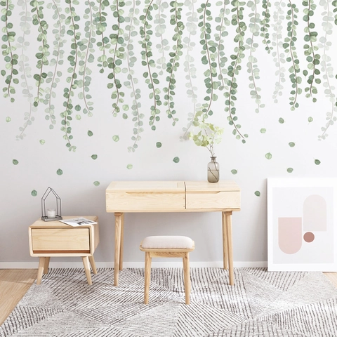Adesivi Murali Foglie Verdi Eucalyptus Stile Nordico Decalcomanie da Parete in PVC Rimovibili per Soggiorno Camera da Letto Casa