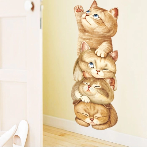 Cute Orange Tabby Cat Cartoon Wall Sticker Vertical Stacking Animals DIY Removable Waterproof PVC Decal For Kids Room Bedroom Home Decor