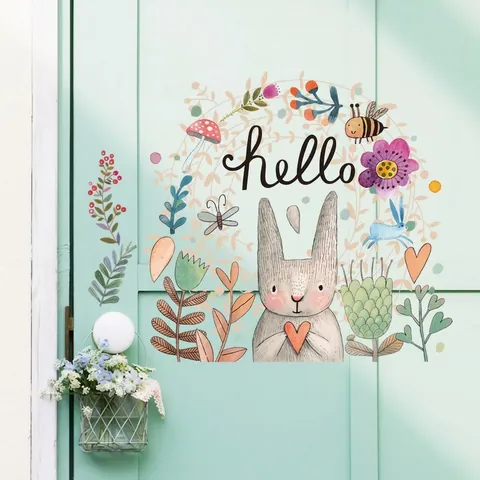 Pegatina de Pared de Conejo con Corazón y Guirnalda de Flores Letras Hello Estilo Acuarela Mural de PVC Autoadhesivo Decoración