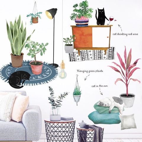 Cartoon Katze Grüne Pflanzen Wandtattoo PVC Selbstklebend Aquarell Stil Haus Deko Wandbild Für Wohnzimmer Schlafzimmer Tapete