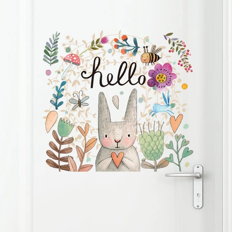 Pegatina de Pared de Conejo con Corazón y Guirnalda de Flores Letras Hello Estilo Acuarela Mural de PVC Autoadhesivo Decoración