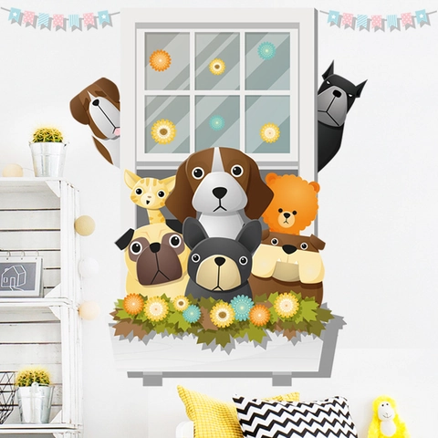 Adesivo da Parete Cani Gatto Falsa Finestra per Cameretta Bambini Decorazione Impermeabile PVC Fiori Bandiere Adesivo DIY