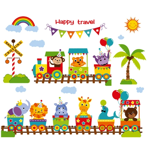 Cartoon Animal Train Wall Sticker Removable PVC Waterproof Self Adhesive Decal For Children Kids Room Kindergarten Classroom Decor