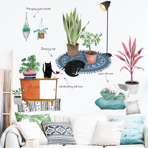 Cartoon Katze Grüne Pflanzen Wandtattoo PVC Selbstklebend Aquarell Stil Haus Deko Wandbild Für Wohnzimmer Schlafzimmer Tapete