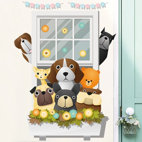Adesivo da Parete Cani Gatto Falsa Finestra per Cameretta Bambini Decorazione Impermeabile PVC Fiori Bandiere Adesivo DIY