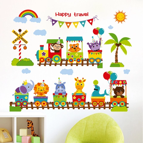 Cartoon Animal Train Wall Sticker Removable PVC Waterproof Self Adhesive Decal For Children Kids Room Kindergarten Classroom Decor
