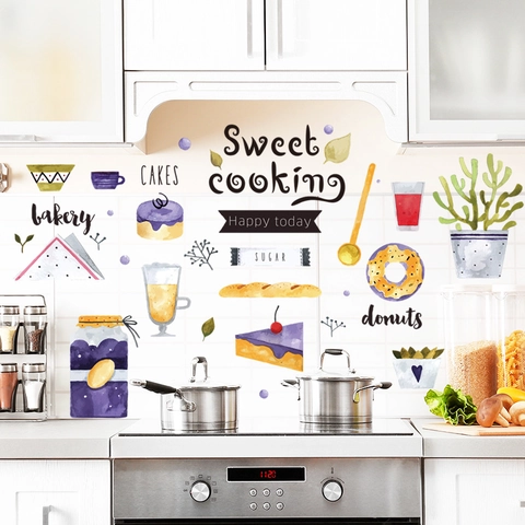Aquarell Handgezeichnete Küchenwandaufkleber PVC Selbstklebend Wasserdicht Bäckerei Dessert Essen Muster Schrank Kühlschrank Deko
