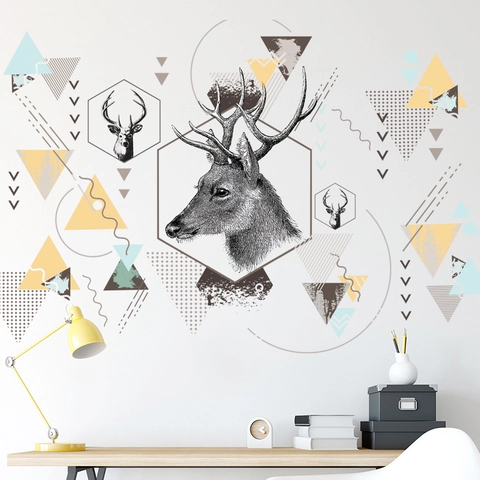 Pegatina de Pared Cabeza de Ciervo Geométrica Nórdica PVC Autoadhesiva Mural de Arte Abstracto Moderno Decoración del Hogar
