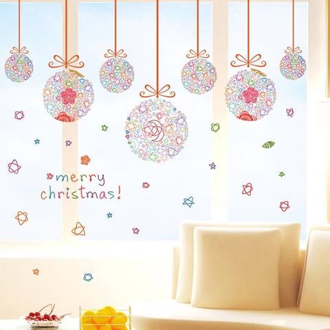 Pegatinas de Pared Merry Christmas Bolas Colgantes Coloridas Estrellas Calcomanías PVC Autoadhesivo Decoración Ventana Cristal Para Salón Tienda Guardería