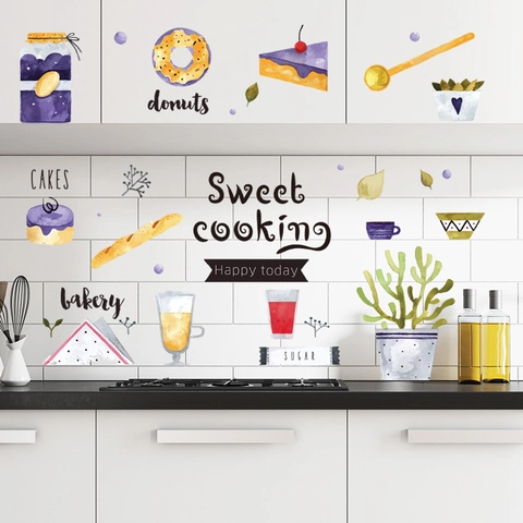 Aquarell Handgezeichnete Küchenwandaufkleber PVC Selbstklebend Wasserdicht Bäckerei Dessert Essen Muster Schrank Kühlschrank Deko