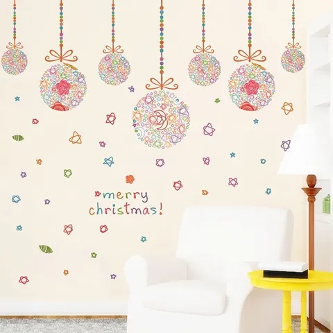 Pegatinas de Pared Merry Christmas Bolas Colgantes Coloridas Estrellas Calcomanías PVC Autoadhesivo Decoración Ventana Cristal Para Salón Tienda Guardería