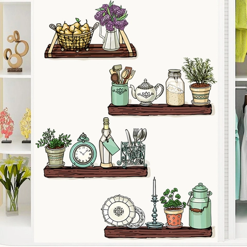 Stickers Muraux Décoratifs Étagère Florale Dessinés à la Main en PVC Imperméable pour Salon Cuisine Chambre Décoration Maison