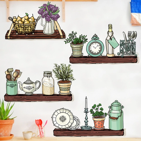 Stickers Muraux Décoratifs Étagère Florale Dessinés à la Main en PVC Imperméable pour Salon Cuisine Chambre Décoration Maison