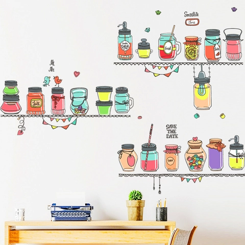 Pegatina de Pared de PVC Extraíble Frascos de Vidrio Dibujos Animados Jugo Smoothie Dibujado a Mano Cocina Comedor Impermeable