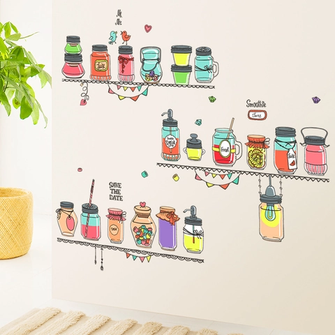 Pegatina de Pared de PVC Extraíble Frascos de Vidrio Dibujos Animados Jugo Smoothie Dibujado a Mano Cocina Comedor Impermeable
